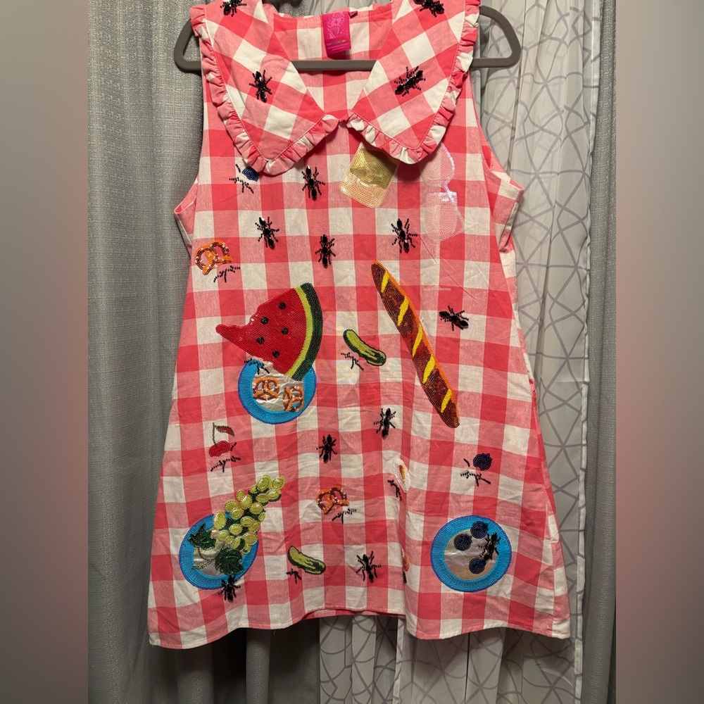 QUEEN OF SPARKLES size L Picnic Red Gingham Embroidered Mini Dress must have!